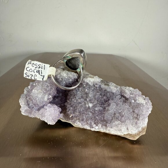 Fossil Coral Gemstone Gray Teardrop Handmade Silver Ring Artisan Jewelry Size 7 - Picture 3 of 5
